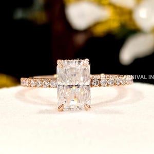 Anillo de moissanita con corte radiante, anillo pavé único de media eternidad, anillo de compromiso con halo oculto, regalo de aniversario para ella.