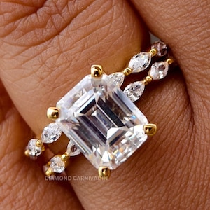 Emerald Cut Moissanite Bridal Ring Set, Diamond Ring Set Engagement Ring With Matching Wedding Band, Christmas Gift For Her Anniversary Gift