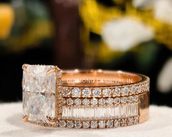 2.5 CT Radiant Cut Moissanite Engagement Ring Set: Bridal Half Eternity Wedding Band
