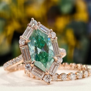 Cyan Blue Moissanite Hexagon Ring Set: 925 Silver Halo Wedding Anniversary