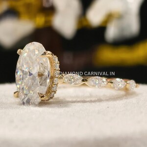 Oval Diamond Hidden Halo Ring with Marquise Side Stones, Half Eternity Pavé Engagement Ring, Diamond Ring for Women