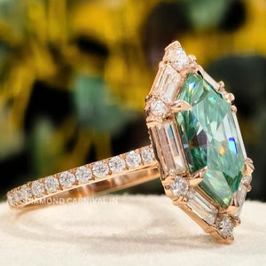 Cyan Blue Moissanite Engagement Ring: Marquise Cut, Hexagon Halo