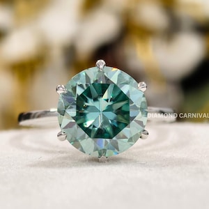 Cyan Blue Round Cut Diamond Engagement Ring, Hidden Halo Straight Shank Bridal Gift, Bridal Jewelry For Her