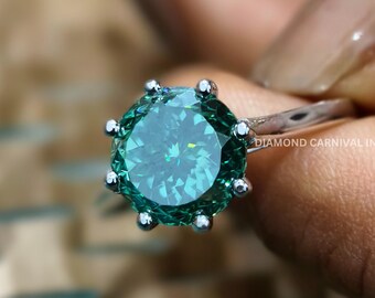 Green Moissanite Engagement Ring, Portuguese Cut Cathedral Shank Ring, Colored Moissanite Bridal Ring, Unique Green Stone Ring for Her