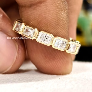 Radiant Cut Moissanite Diamond Bezel Set Band, Elegant East West Diamond Band, Matching Band For Bridal Ring Set