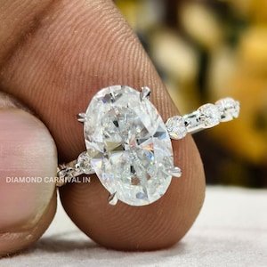 4.0 CT Oval Moissanite Hidden Halo 14K White Gold Engagement Ring, Distance Diamond Pave Straight Shank Ring for Women