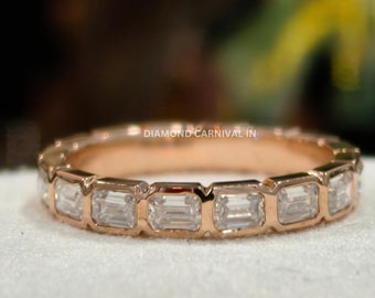 エメラルドカット モアッサナイト 結婚指輪：イーストウエストベゼルセット、925シルバー