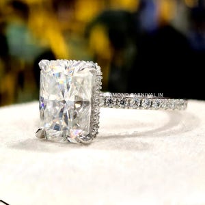 Radiant Moissanite Hidden Halo Ring, Half Eternity Pave Wedding Ring, Straight Shank Engagement Ring, Elegant Moissanite Ring for Her