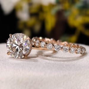 Rose Gold Moissanite Halo Engagement Ring Set: Round Cut Bridal Anniversary