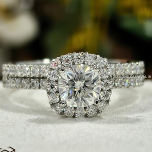 1 CT Cushion Cut Hidden Halo Moissanite Engagement Ring Set Pave Setting Wedding Ring Set 14K Solid Yellow Gold Unique Ring Promise Ring