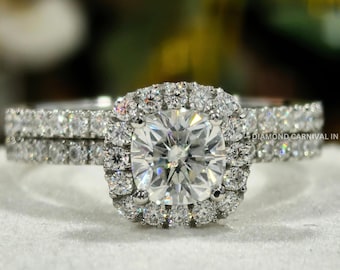 Cushion Cut 1 CT Moissanite Engagement Ring Set: 14K Yellow Gold Hidden Halo