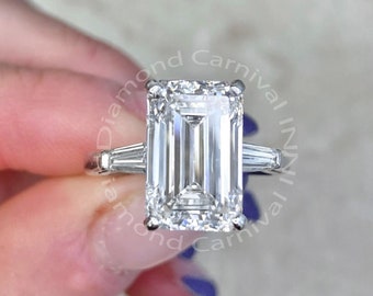 Emerald Cut Three Stone Ring, 3.03 CT Emerald Cut Colorless Moissanite Engagement Ring, Side Tapered Baguette Cut, Proposal Anniversary Gift