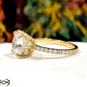 4.20 CT Cushion Cut Moissanite Engagement Ring: Claw Prong Handmade Half Eternity Pave Ring, Double Hidden Halo Diamond Ring for Her