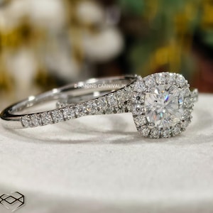 Cushion Halo Moissanite Bridal Ring Set: 14K White Gold Wedding Band