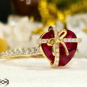 Heart Cut Simulant Diamond Red Ruby Bow Gift Ring, Half Eternity Wedding Ring, Unique Gift for Her, Classic Gift for love Ring