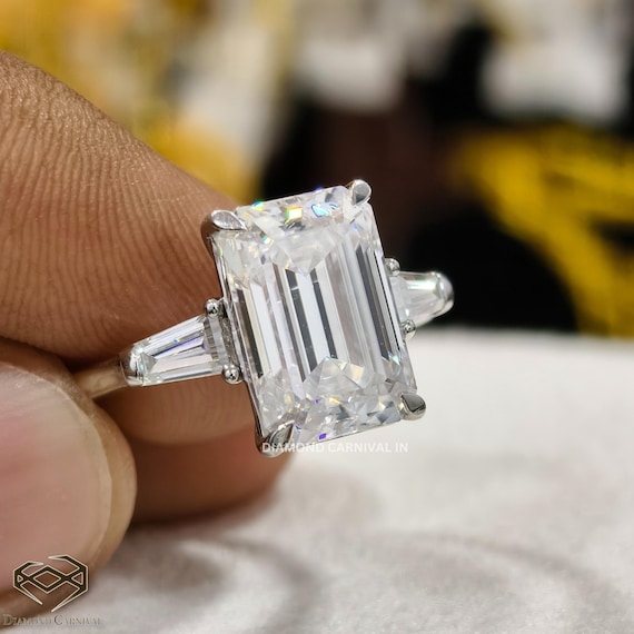 CT Emerald Cut Three Stone Moissanite Engagement Ring, 14K