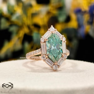 Cyan Blue Marquise Cut Moissanite Engagement Ring, Hexagon Baguette Halo, Hidden Halo Bridal Ring, Unique Wedding Gift for Her