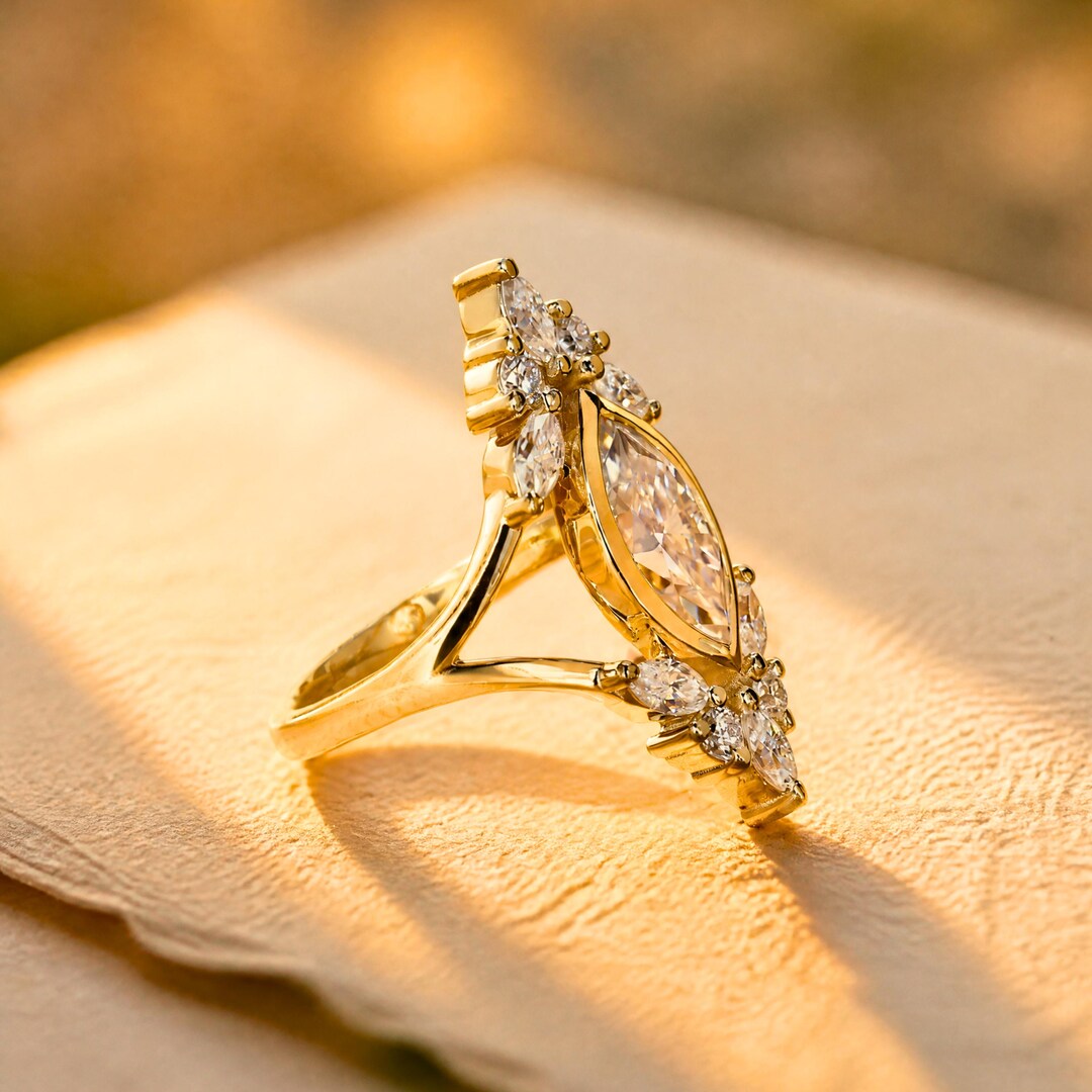Marquise Cut Lab Grown Diamond Engagement Ring - 14k Gold Cluster ...