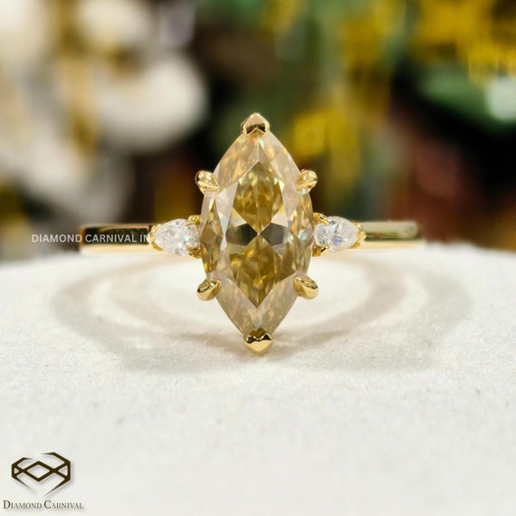 Bague marquise et moissanite jaune fiançailles trois pierres,