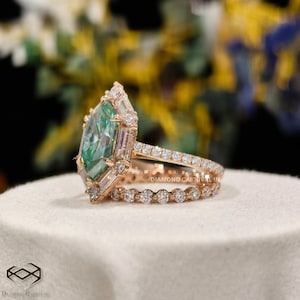 Cyan Blue Hexagon Cut Moissanite Ring Set, Classic Halo Wedding & Anniversary Ring Set for Her, Fancy Blue-Green Proposal Gift, Unique Gift