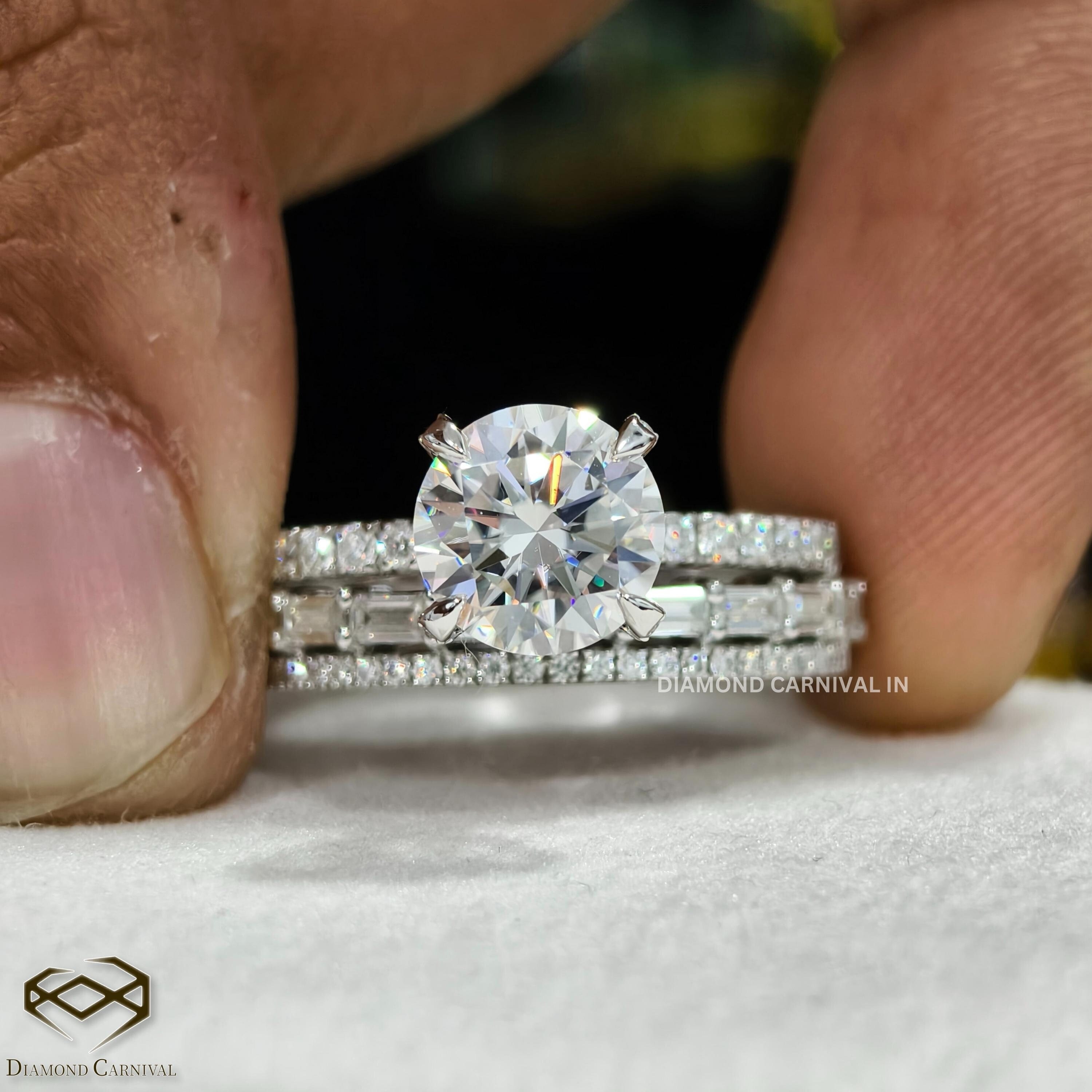 Moissanite Round Cut Engagement Ring Set: Baguette Wedding Band, 925 Silver