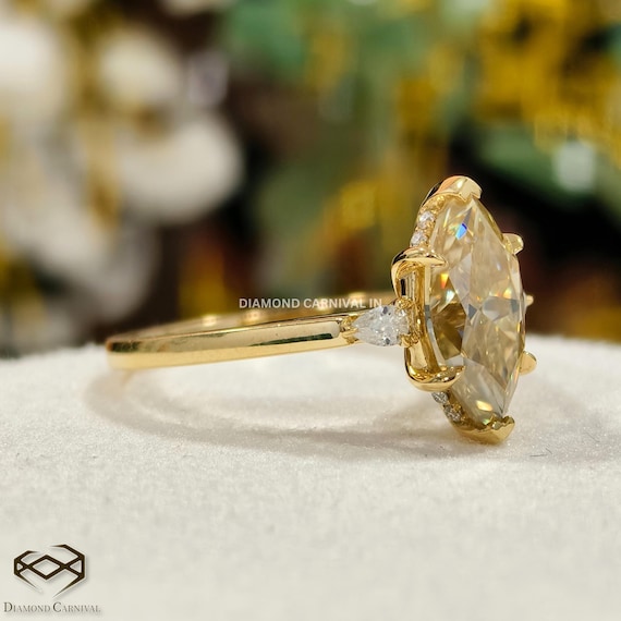 Canary Yellow Marquise Cut Moissanite Three Stone Engagement Ring