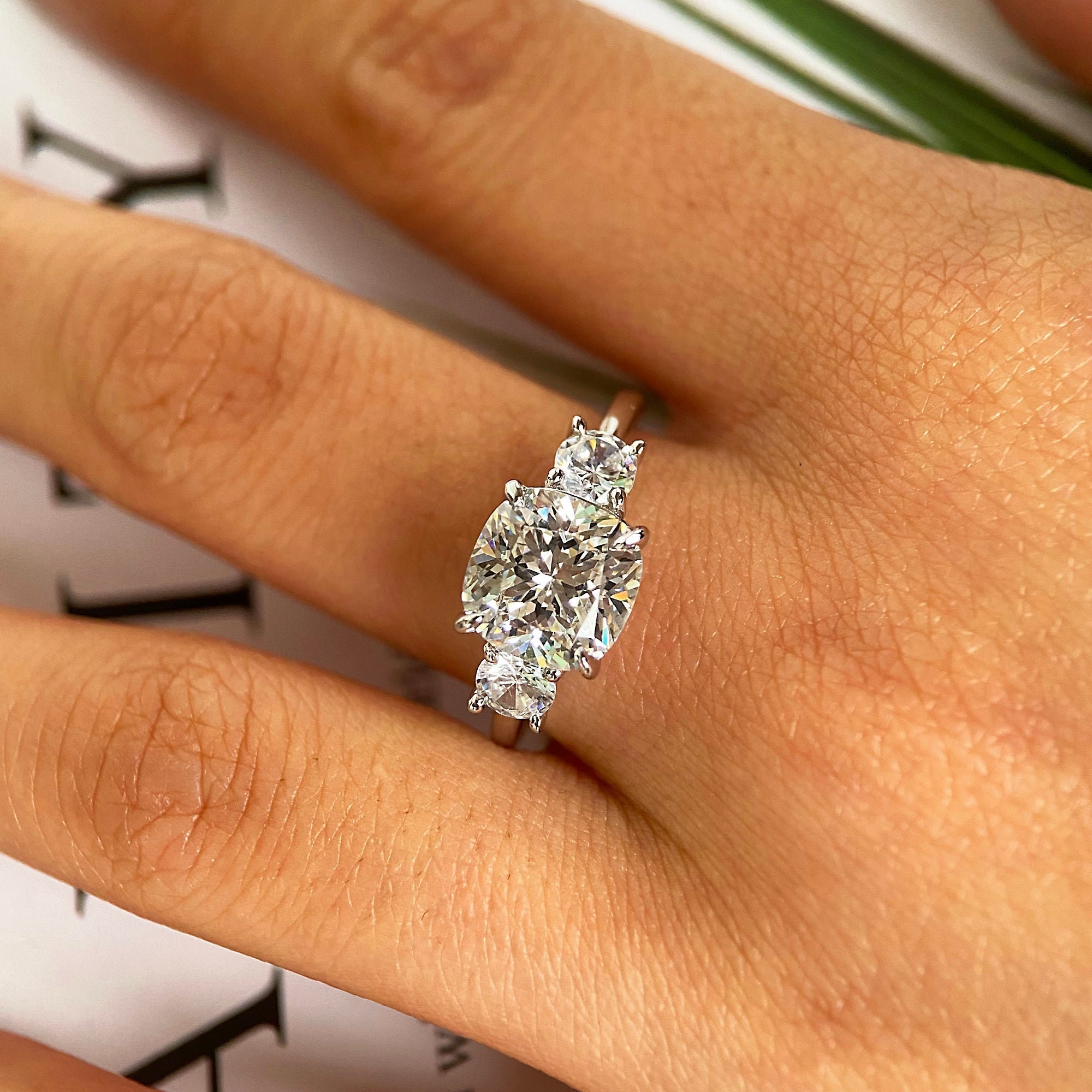 Three Stone Cushion Cut Engagement Ring, Elongated Cushion Cut Moissanite Wedding Ring, Sterling