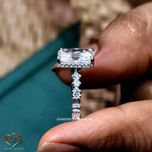 Radiant Moissanite Ring, Baguette Half Eternity Band, Round Pave Engagement Ring, Mixed Cut Bridal Ring
