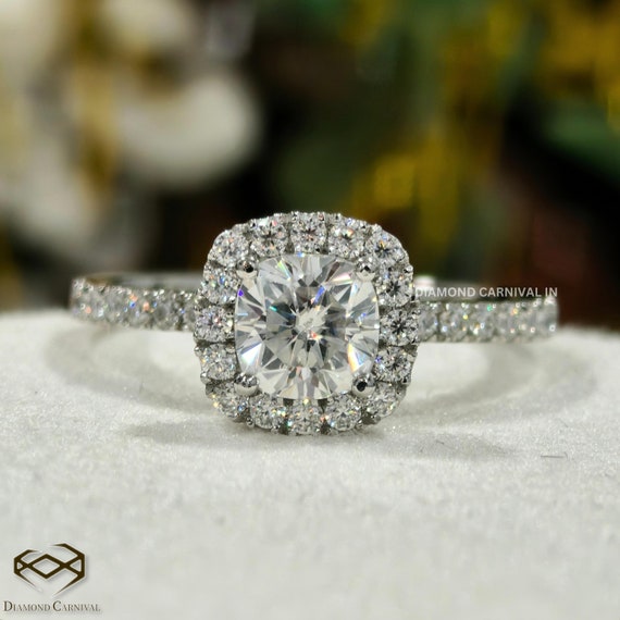 Cushion Cut Moissanite Engagement Ring 14K Solid White Gold