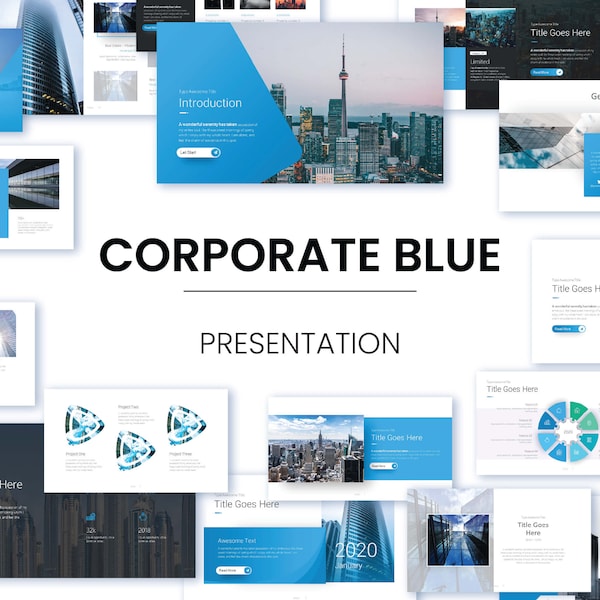 Business Powerpoint Template, company pitch deck, corporate blue PPT presentation template, digital download, Modern PowerPoint templates