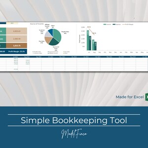 May include: A green and white spreadsheet template for a simple bookkeeping tool. The spreadsheet includes a profit and loss statement, a source of income chart, and a line graph showing income, expenses, and profit margin over time. The text "Made for Excel" is in the bottom right corner of the spreadsheet.