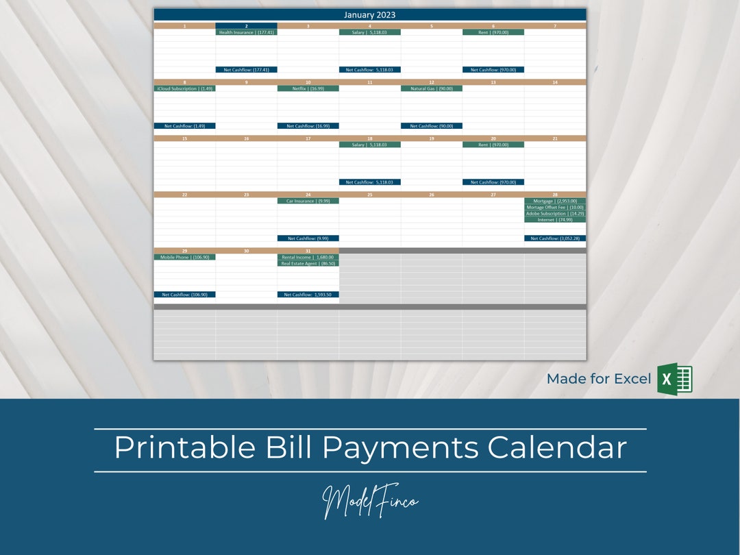 Printable Bill Payments Calendar Excel Spreadsheet Template Printable Bill Payments Calendar Excel Spreadsheet Template