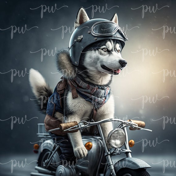 Siberian Husky Rider Dog With Helmet, Digital Art, Square, Home