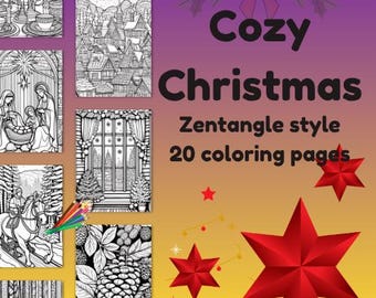 May include: A "Cozy Christmas" colouring book with 20 Zentangle-style pages. The cover features red stars and the title in black. The book includes detailed black and white illustrations of Christmas scenes and objects.