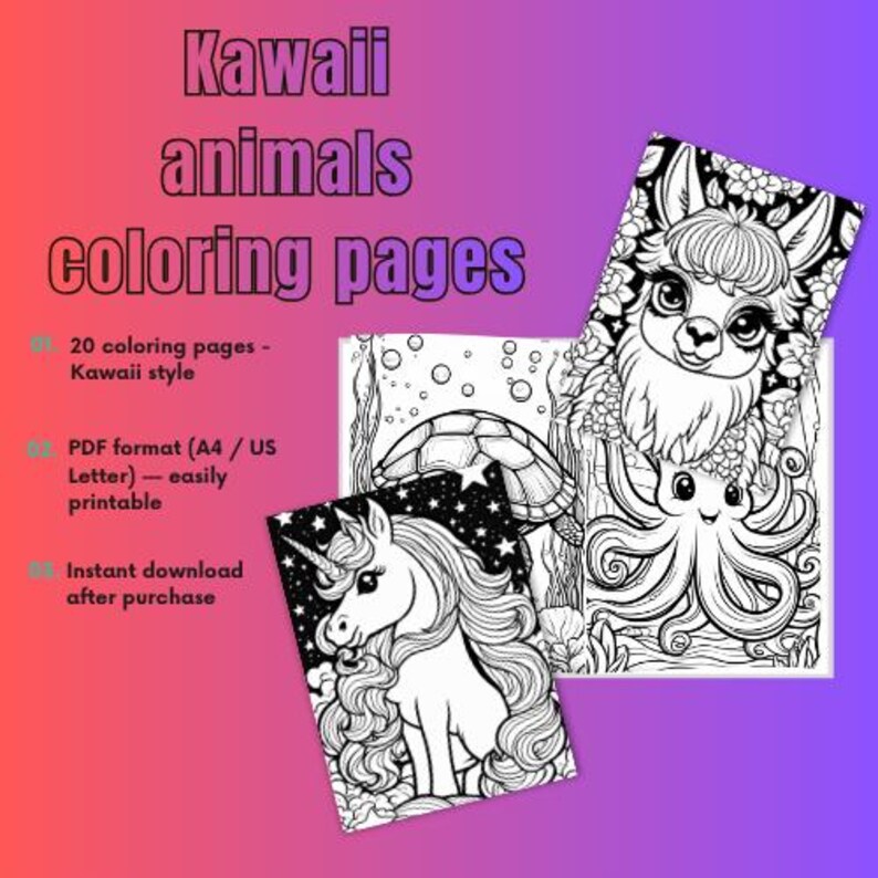 Kawaii Animals Coloring Book for Kids | 20 Cute Animal Coloring Pages ...