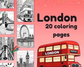 以下が含まれることがあります： ロンドンをテーマにした塗り絵のセット。ロンドンのランドマークの白黒イラスト、赤い2階建てバス、そして「London 20 coloring pages」というテキストが特徴です。