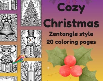 May include: A "Cozy Christmas" colouring book in Zentangle style, with 20 pages. The cover showcases festive illustrations such as a Christmas tree, snowman, and gift boxes. The background has a gradient of purple and yellow.