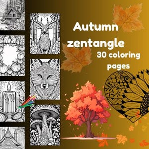 Op de afbeelding: Een kleurboekcover met een herfstthema met de tekst "Autumn zentangle 30 coloring pages". De cover toont gedetailleerde zwart-wit illustraties van een hert, een vos, paddenstoelen en andere herfst elementen.