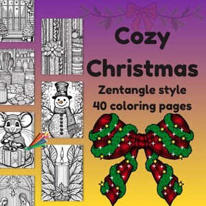 Op de afbeelding: Een verzameling zwart-wit kerstkleurplaten in Zentangle-stijl. De afbeelding toont een grote rood-groene geruite strik met een sterrenpatroon. De tekst luidt "Cozy Christmas" en "40 kleurplaten".
