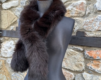 Handmade Dark Brown Fox Fur Scarf - Warm Genuine Fur (47 Inches)