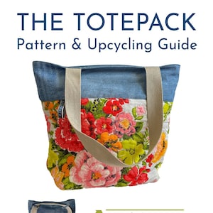 Może przedstawiać: Wzór na torbę typu tote i przewodnik po upcyklingu z kwiatowym nadrukiem i elementami dżinsu. Przewodnik zawiera wskazówki dotyczące wykorzystania materiałów pochodzących z recyklingu i osiągnięcia zerowej ilości odpadów.