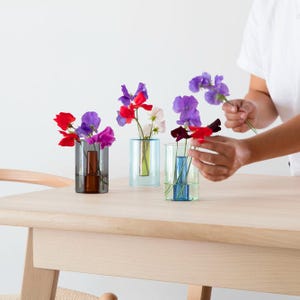 May include: Four glass bud vases in different colors, filled with purple, pink, and red flowers. The vases are on a light wood table.