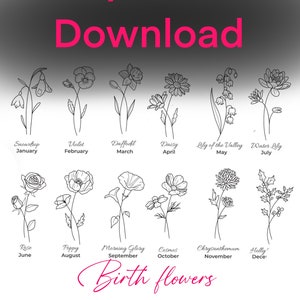 May include: A black and white line drawing chart of birth flowers for each month of the year. The chart includes the flower name and the month it represents. The text "Birth Flowers Flash Sheet" is at the bottom of the chart.