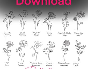 Puede incluir: Un gráfico de flores de nacimiento para cada mes del año, dibujado en blanco y negro. El gráfico incluye el nombre de la flor y el mes que representa. El texto "Birth Flowers Flash Sheet" está en la parte inferior del gráfico.