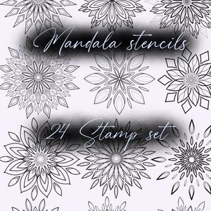 Könnte beinhalten: Eine Sammlung von schwarz-weißen Mandala-Schablonen in verschiedenen floralen und geometrischen Designs. Das Bild enthält den Text "Mandala stencils" und "24 Stamp set". Die Schablonen sind auf hellem Hintergrund angeordnet.