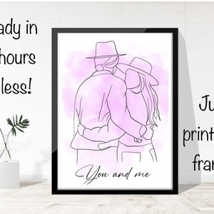 May include: A line drawing of a couple in hats hugging, with a pink watercolor background. The text "You and me" is below the couple.