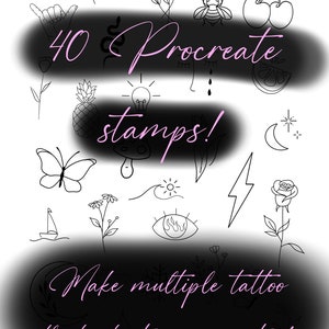 Może przedstawiać: Czarno-biały obraz z tekstem "40 Procreate stamps! Make multiple tattoo flash sheets in minutes!" otoczony różnymi czarno-białymi rysunkami prostych wzorów, takich jak ananas, motyl, kwiat, błyskawica, fala, serce, księżyc, róża, żarówka, diament, wiśnia, kotwica, grzyb, oko, dłoń, liść i łza.