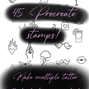 May include: A black and white digital illustration of 45 Procreate stamps. The stamps include a variety of designs, such as a dove, a coffee cup, a dinosaur, a heart, a lipstick, a hand with a ring, a chilli pepper, a shopping bag, a bunny, a flame, a hand with crossed fingers, a cloud with lightning, a bird, a moustache, a pair of lips, a rocket, a dragonfly, a flower, a duck, and a heart with a lucky charm. The text "Make multiple tattoo flash sheets in minutes!" is written in pink.