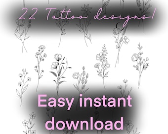 Puede incluir: Una colección de 22 diseños de tatuajes florales minimalistas en tinta negra. La imagen presenta varias ilustraciones botánicas de flores y follaje. El texto dice "Easy instant download".