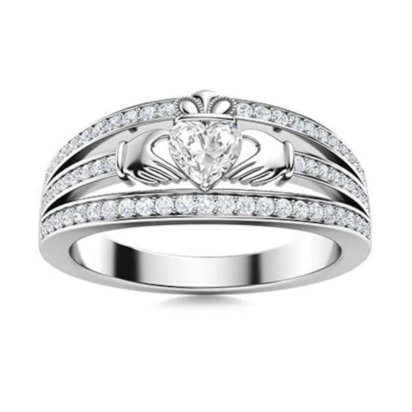 Anello Claddagh vintage con moissanite, anello di fidanzamento con diamanti e moissanite per donna, anello di nozze con moissanite, regalo di anniversario, anello Claddagh in argento